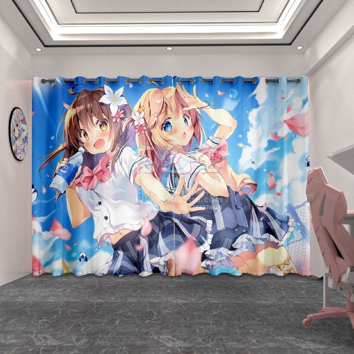 花色宝模板样机素材psd二次元动漫窗帘日系少女卧室遮光布帘定制