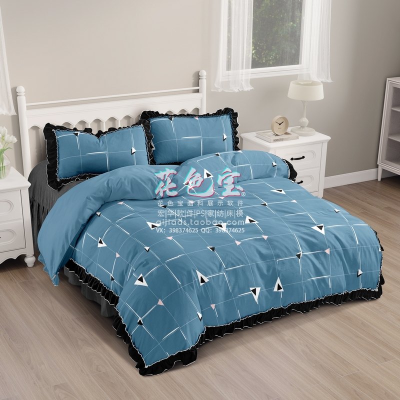 花边四件套模板样机mockup 45度 四枕套 双人床样机素材神器vi贴